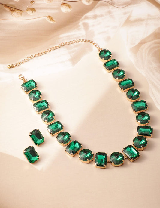 18K Gold Plated Crystal Emerald Studded Statement Necklace Set