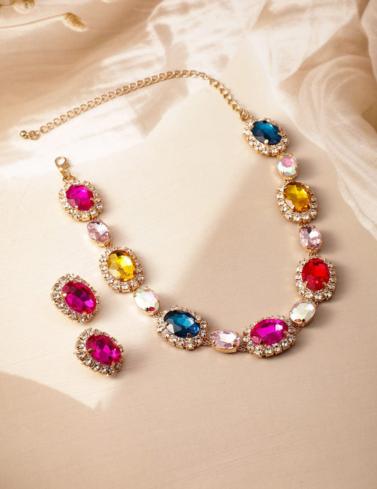 18K Gold Plated Multicolor Crystal AD & Zirconia Studded Statement Necklace Set