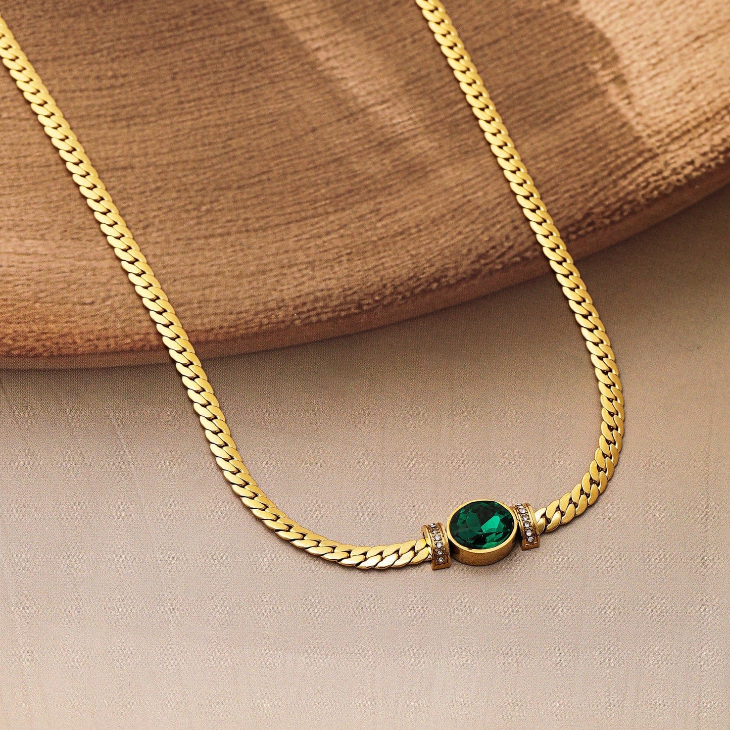 18K Gold Plated Stainless Steel Tarnish-Free Waterproof Emerald CZ Studded Necklace