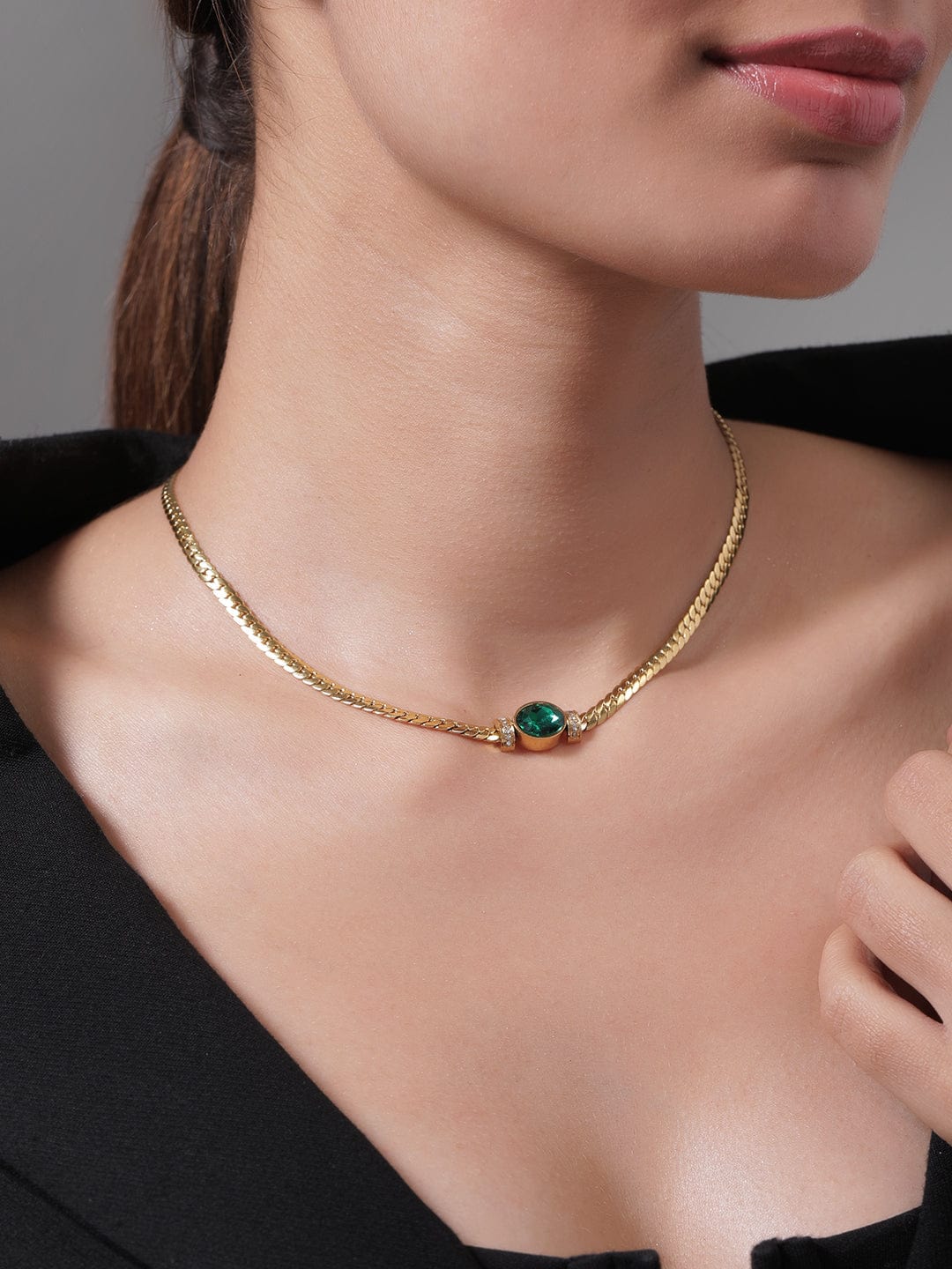 18K Gold Plated Stainless Steel Tarnish-Free Waterproof Emerald CZ Studded Necklace