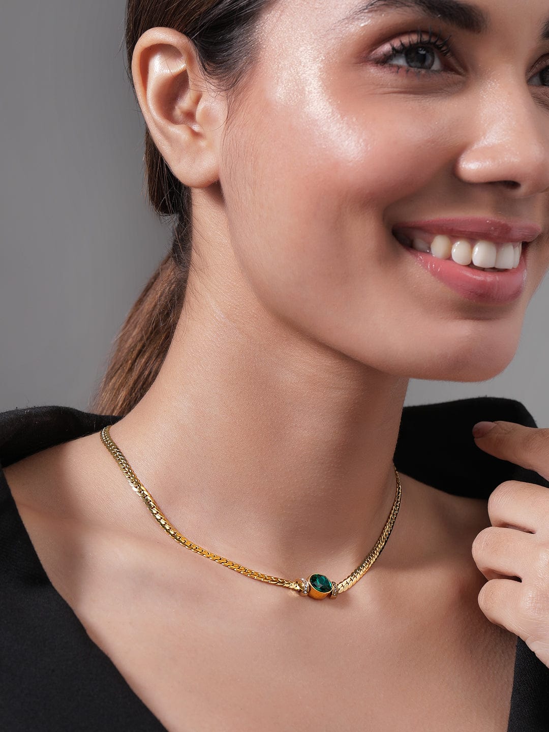 18K Gold Plated Stainless Steel Tarnish-Free Waterproof Emerald CZ Studded Necklace