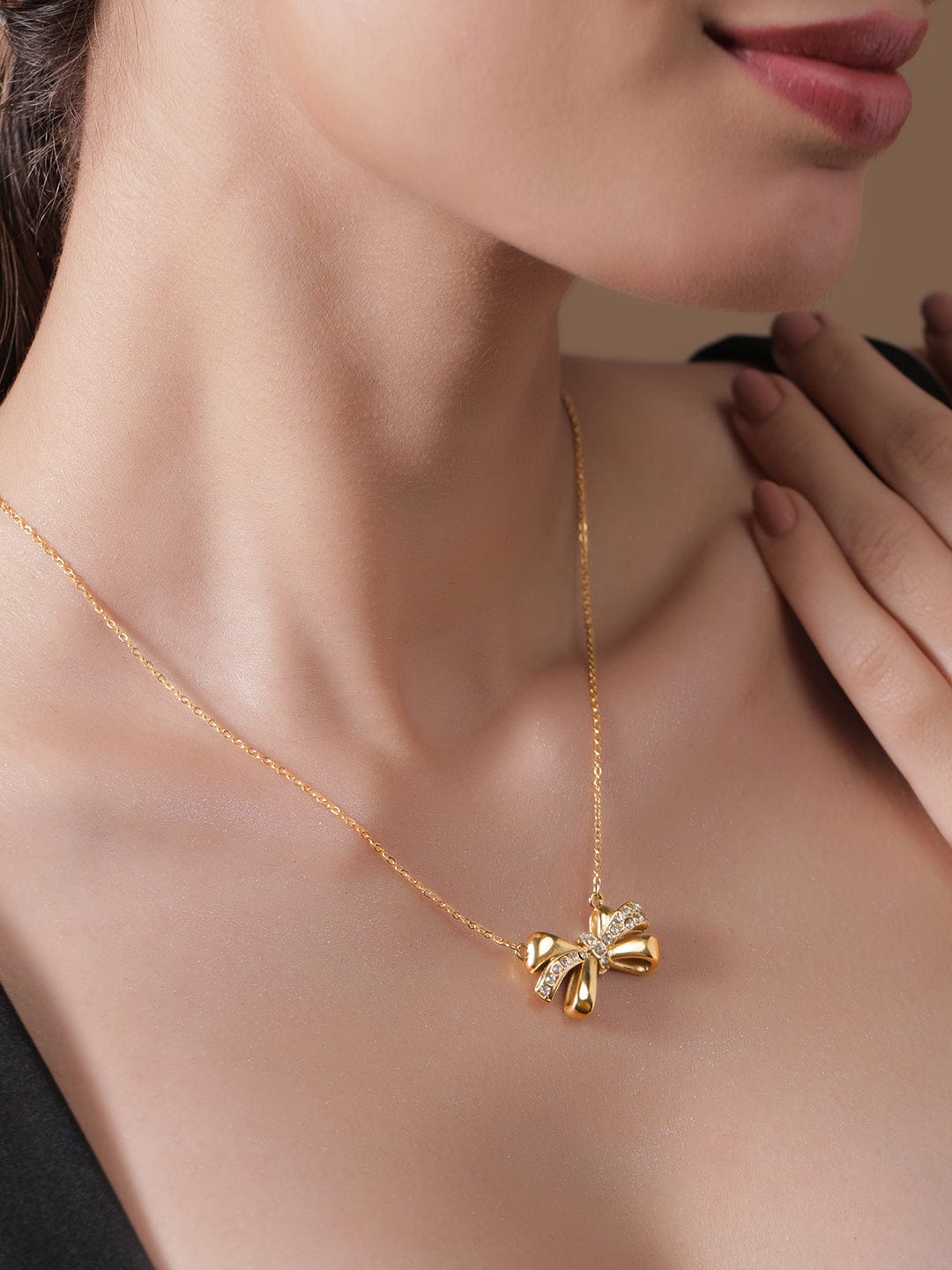Rubans Voguish 18K Gold Plated Stainless Steel Tarnish-Free Waterproof Bow Pendant Necklace