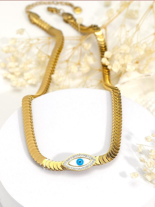 18KT Gold Plated Stainless Steel Tarnish-Free Waterproof Evil Eye Charm Necklace