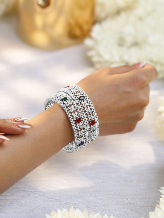 Rhodium-Plated Multicolor Cubic Zirconia Studded Premium Bangles
