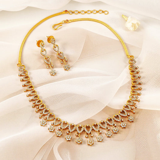 22K Gold-Plated Cubic Zirconia Studded Flower Motif Necklace Set