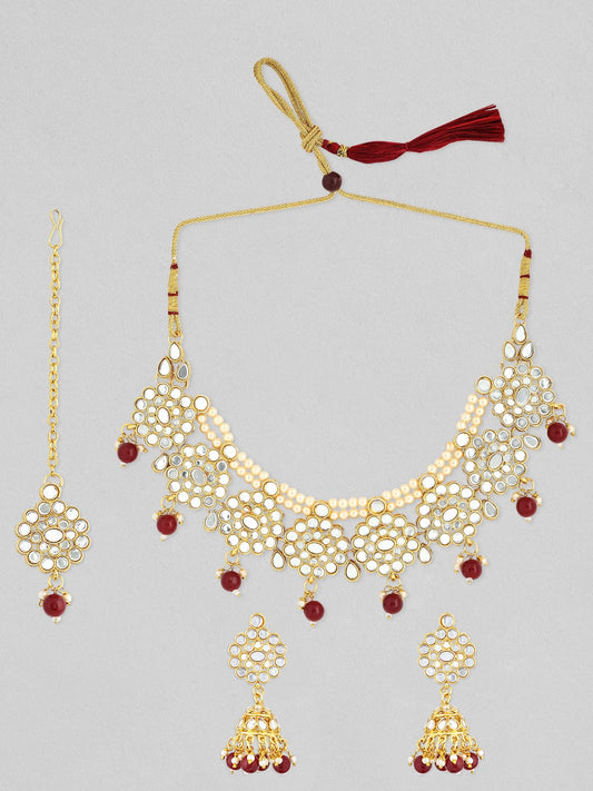 22K Gold-Plated Kundan-Studded Choker Necklace Set with Red Beads and Pearl Accents