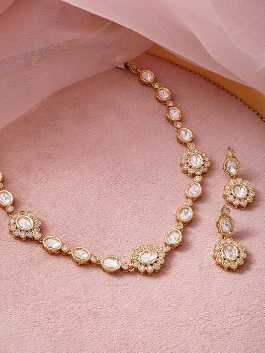 22K Gold Plated Kundan-Studded Traditional Necklace Set with Matching Earrings