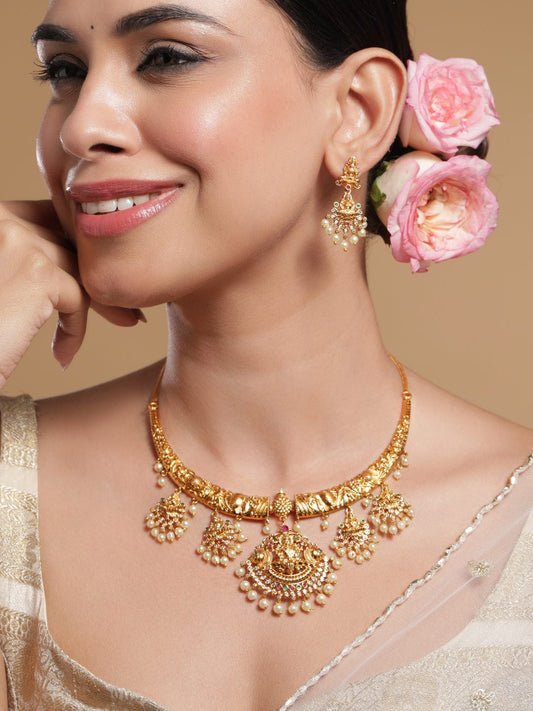 22K Gold-Plated Ruby, Emerald & CZ Studded Pearl Drops Lakshmi Temple Necklace Set