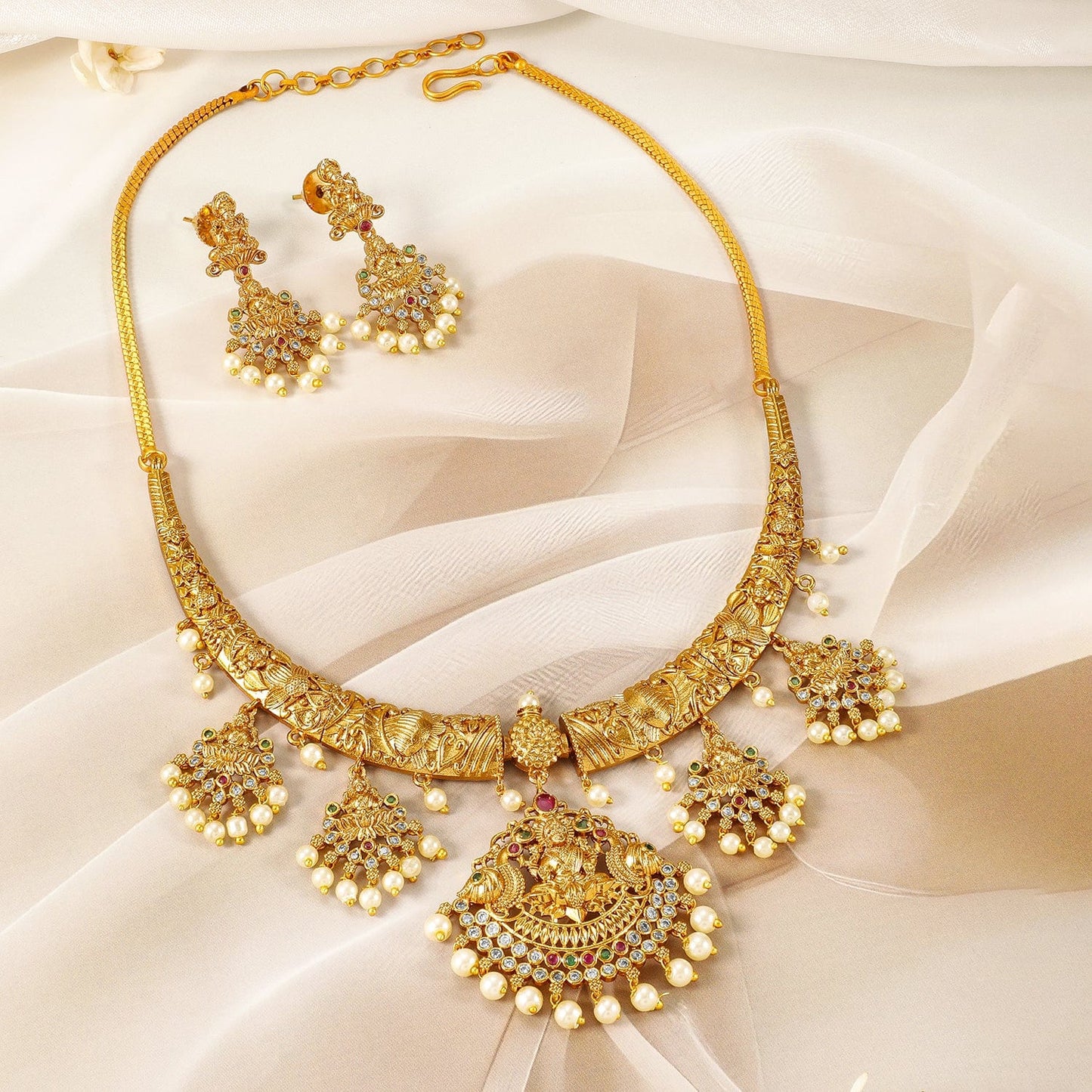 22K Gold-Plated Ruby, Emerald & CZ Studded Pearl Drops Lakshmi Temple Necklace Set