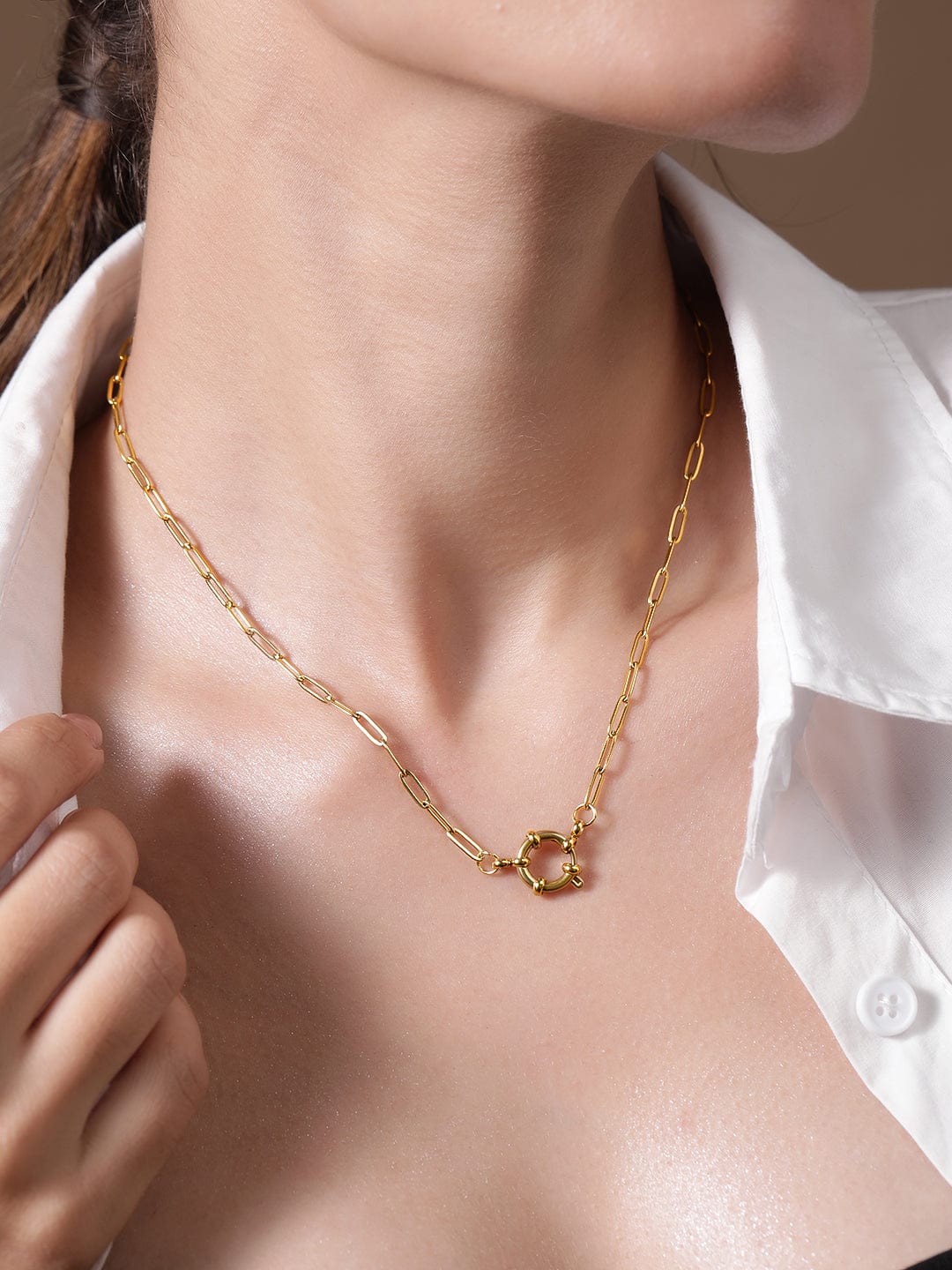 22K Gold Plated Stainless Steel Tarnish-Free Waterproof Chain Necklace with Round Clasp