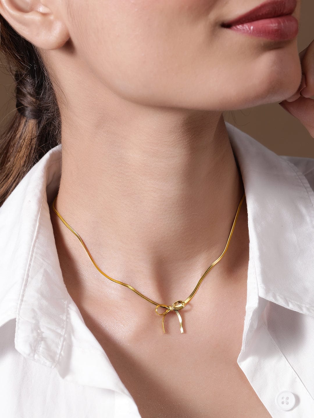 Rubans 22K Gold Plated Stainless Steel Tarnish-Free Waterproof Necklace with Minimal Bow Accent