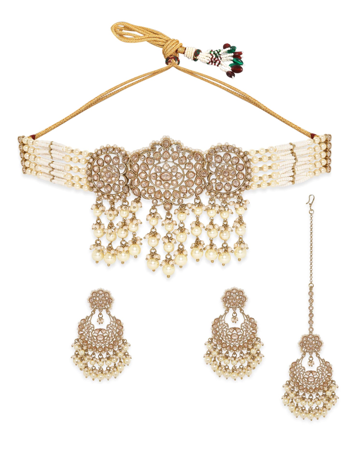 Rubans 22K Mehndi Gold plated Captivating Reverse AD & Kundan Choker Necklace set with Pearls Beads Accents