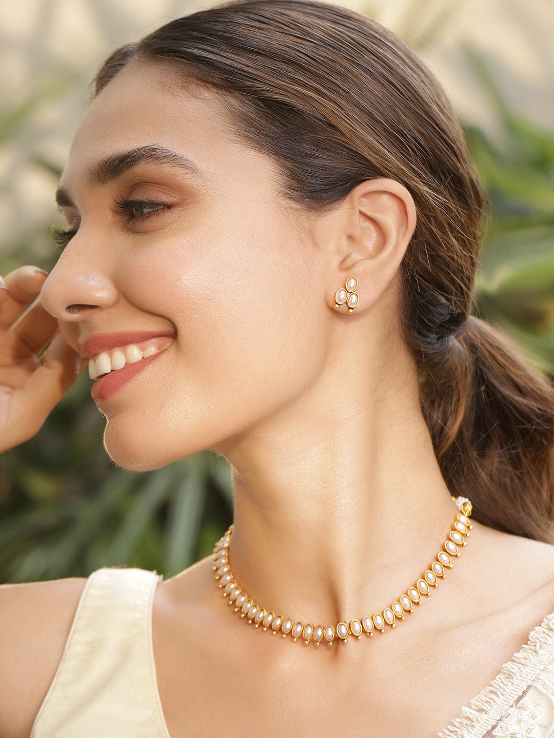 Rubans 22KT Gold Plated Stylish Pearl Studded Oval Link Design Choker Necklace Set