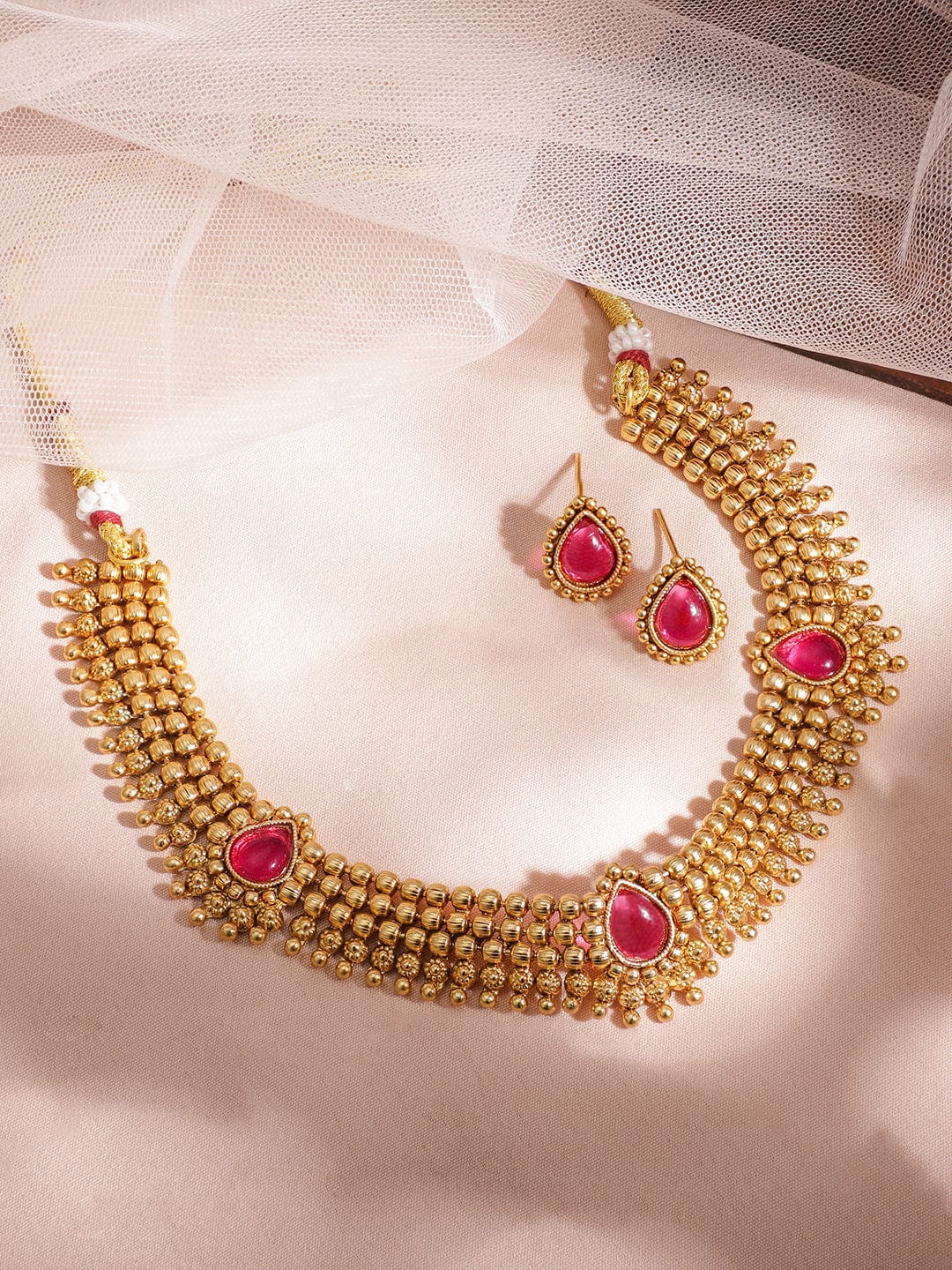 22KT Gold Plated Brass Red Stone Studded Necklace Set