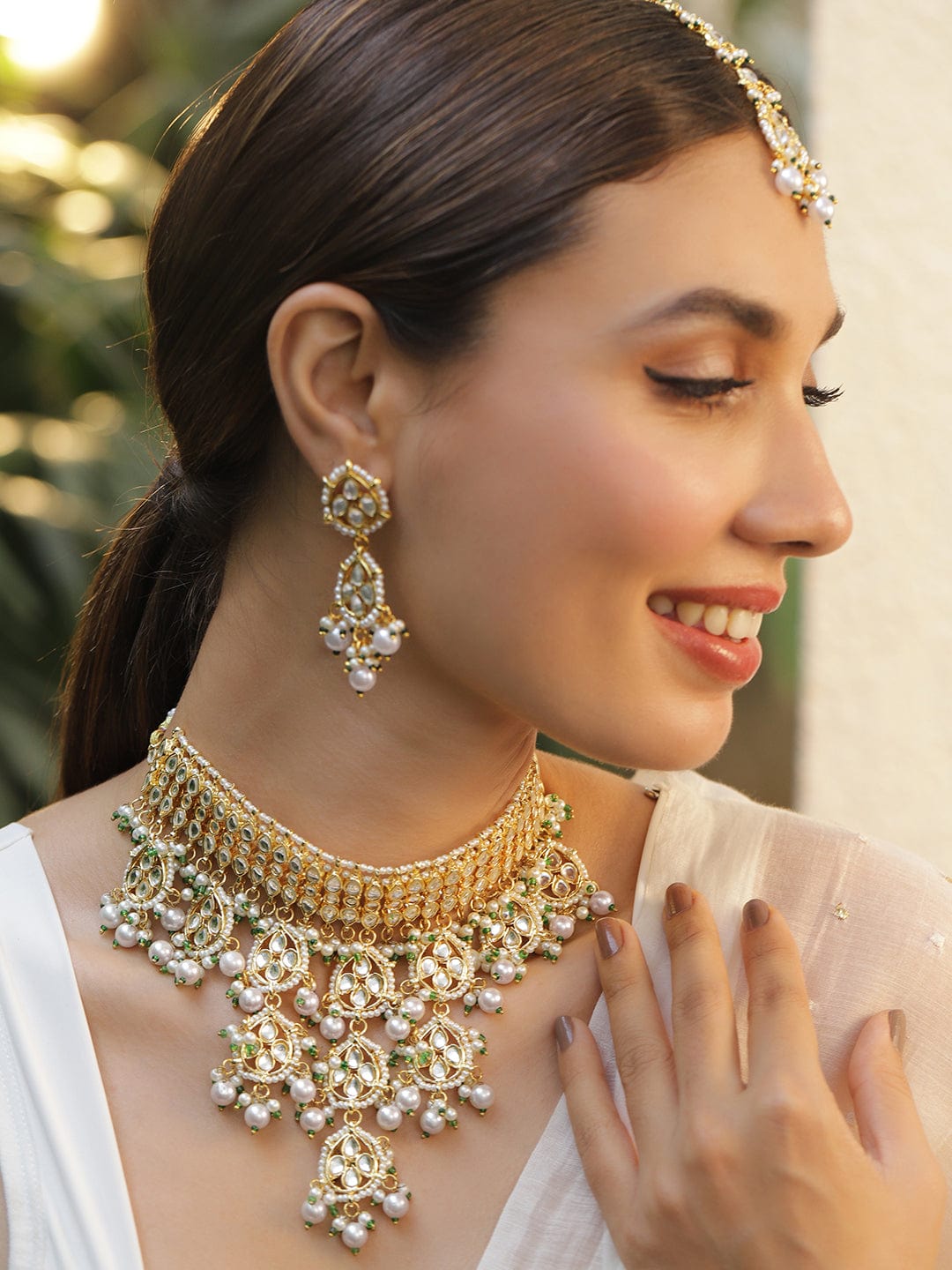 Rubans Women 22K Gold Plated Luxury Kundan Studded White Pear Beaded Choker Necklace Set