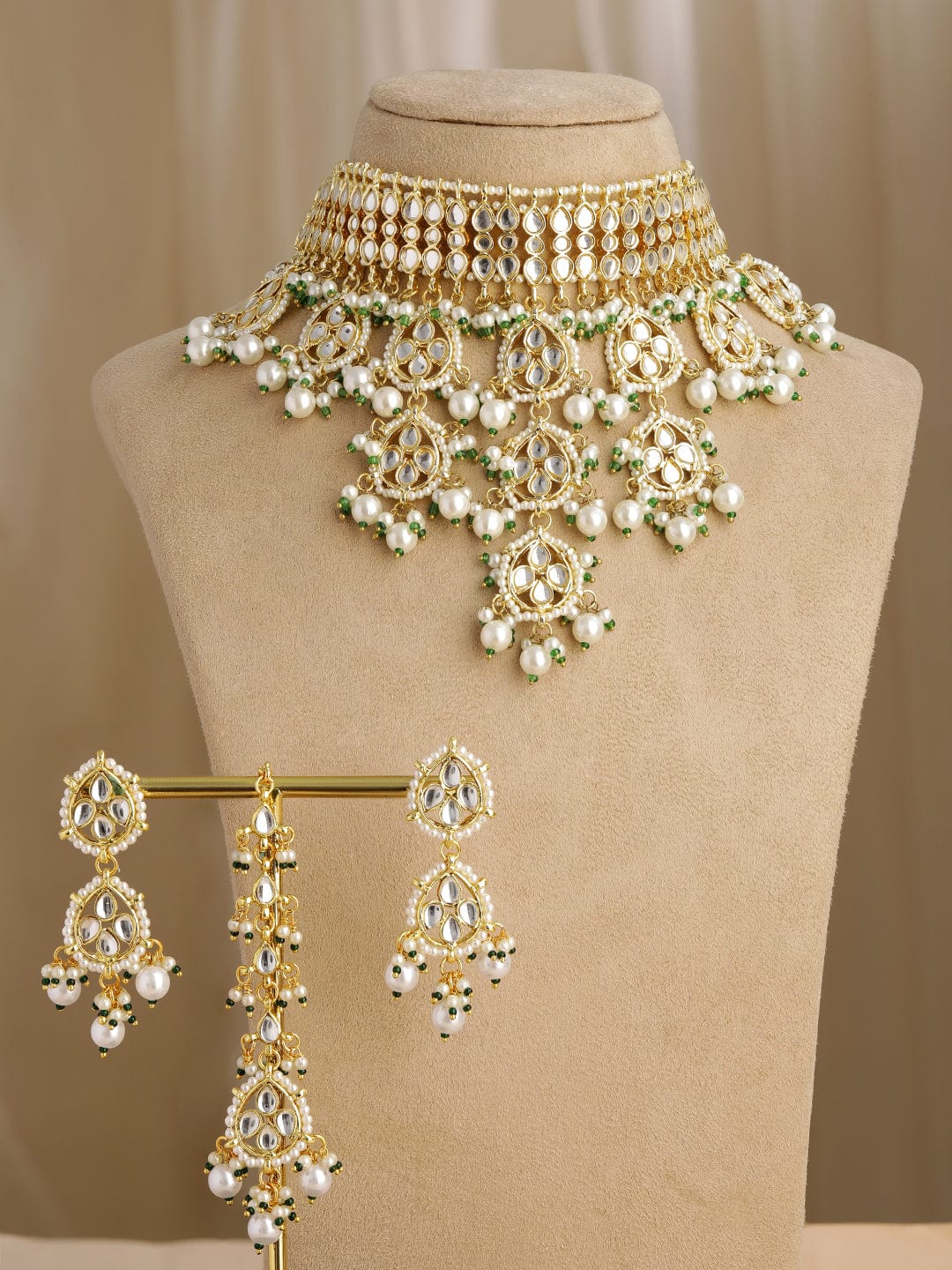 Rubans Women 22K Gold Plated Luxury Kundan Studded White Pear Beaded Choker Necklace Set
