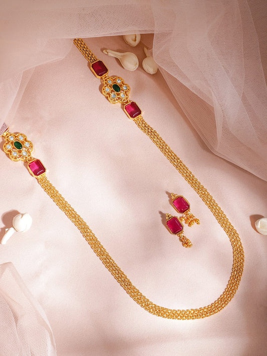 22KT Gold Plated Ruby Stone Studded Beaded Necklace And Earrings
