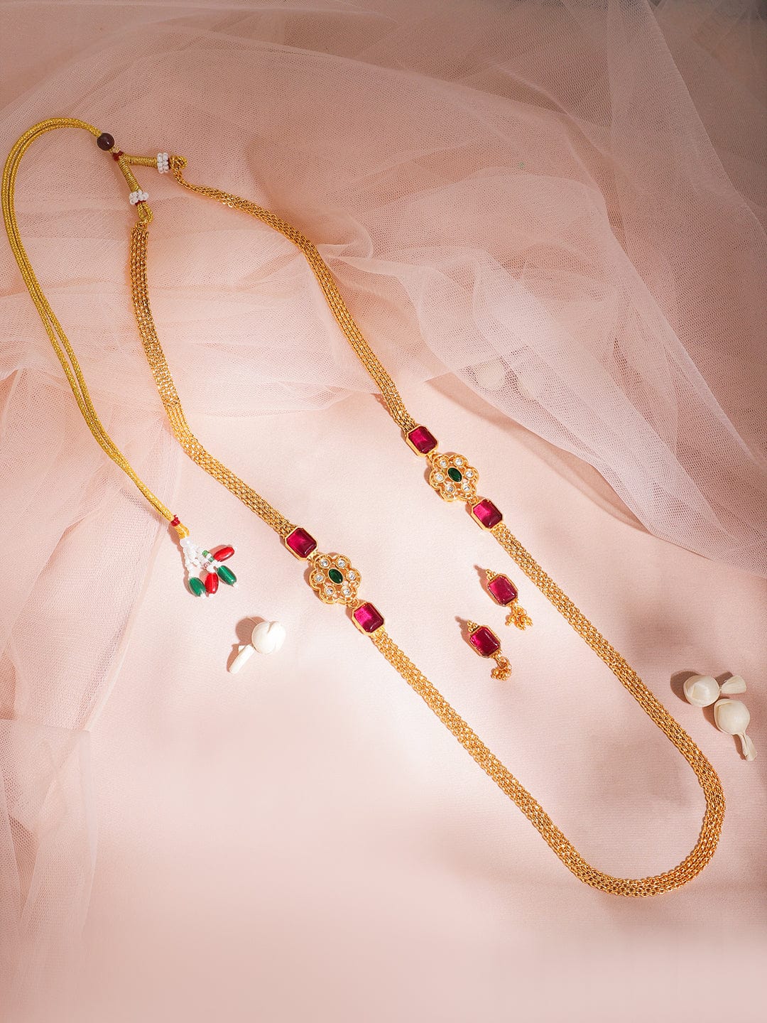 22KT Gold Plated Ruby Stone Studded Beaded Necklace And Earrings