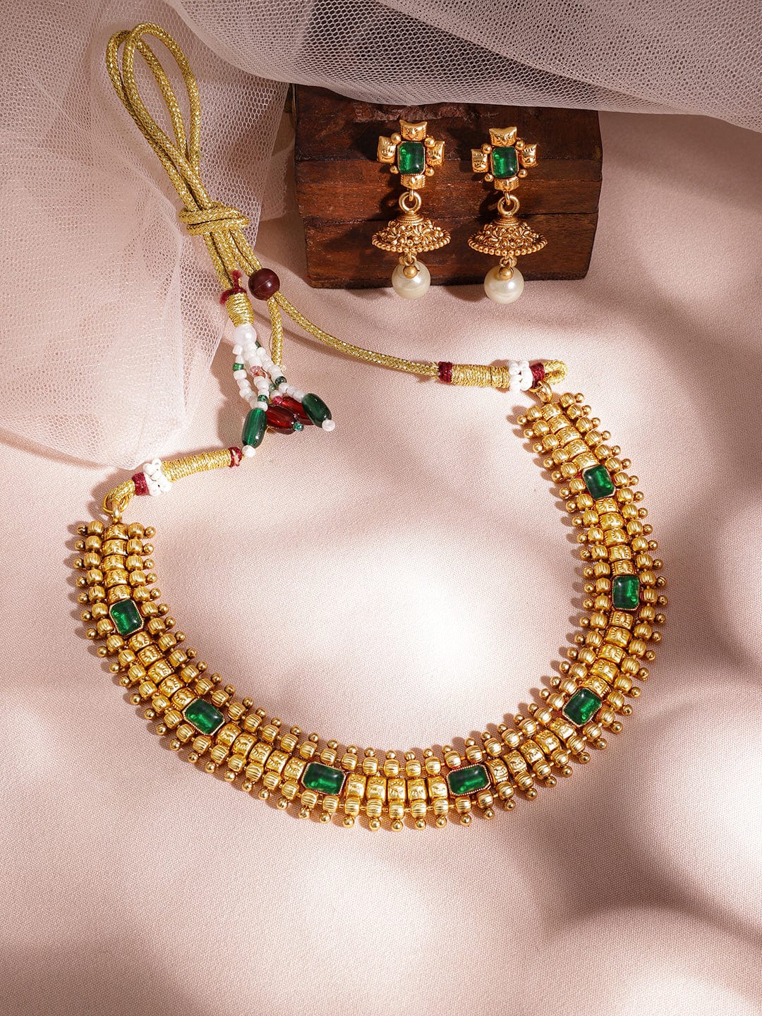 Rubans 22K Gold-Plated Emerald Stone Studded Necklace Set with Gold Beads and Pearl Drops