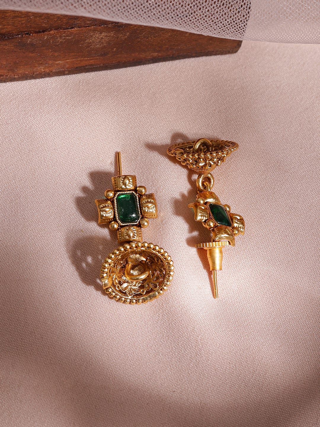 Rubans 22K Gold-Plated Emerald Stone Studded Necklace Set with Gold Beads and Pearl Drops