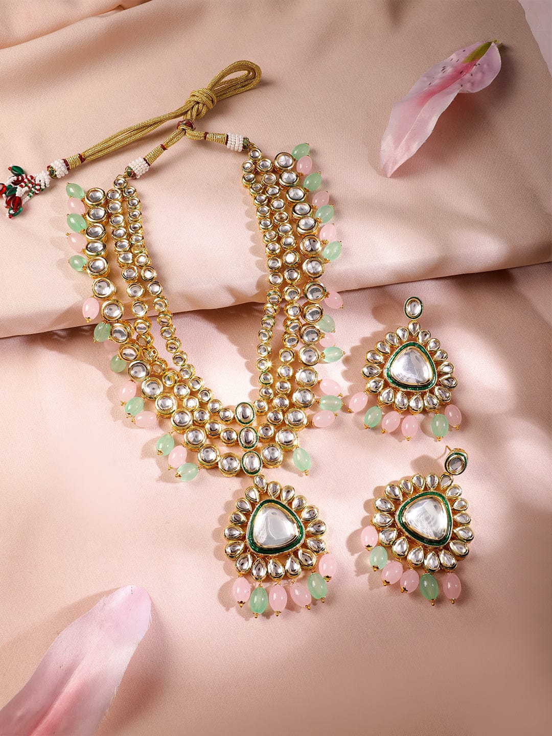 Gold Plated Kundan Studded Green & Pink Beads Layered Necklace Set
