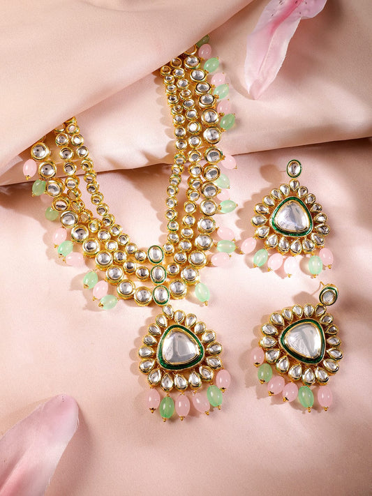 Gold Plated Kundan Studded Green & Pink Beads Layered Necklace Set