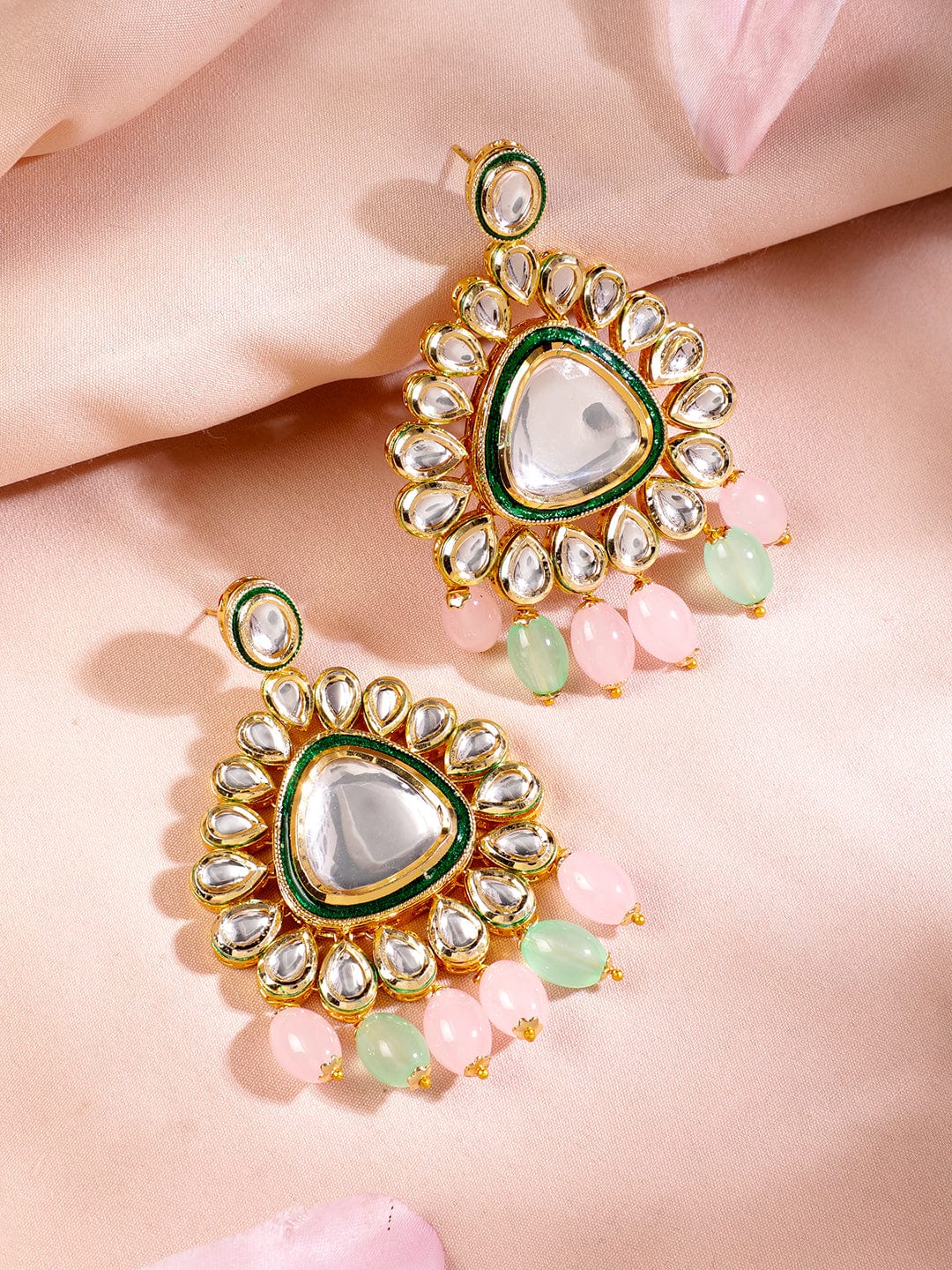Gold Plated Kundan Studded Green & Pink Beads Layered Necklace Set