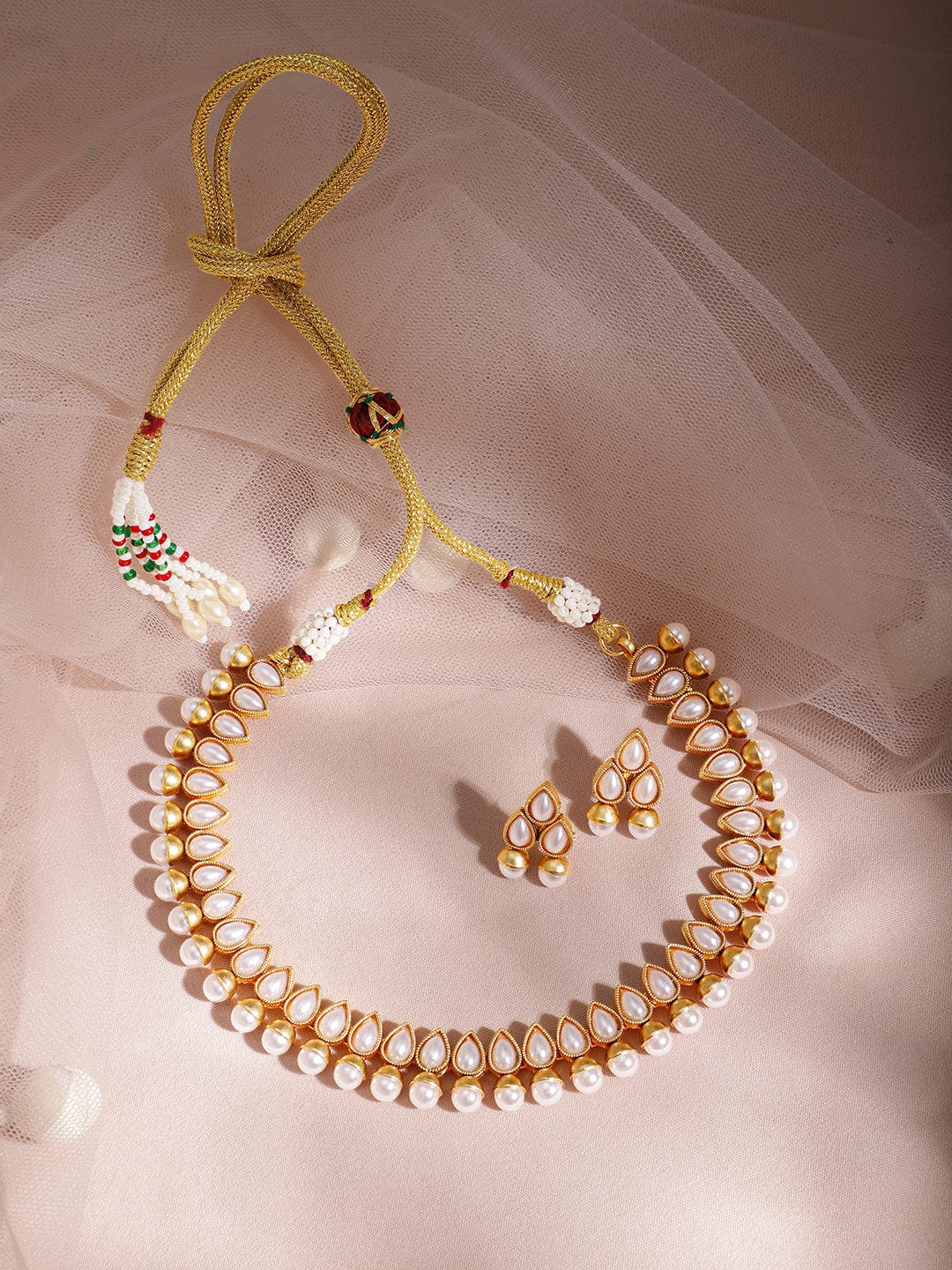 Rubans 18K Gold Plated White Pearl Beaded Contemporary Handcrafted Choker Necklace Set