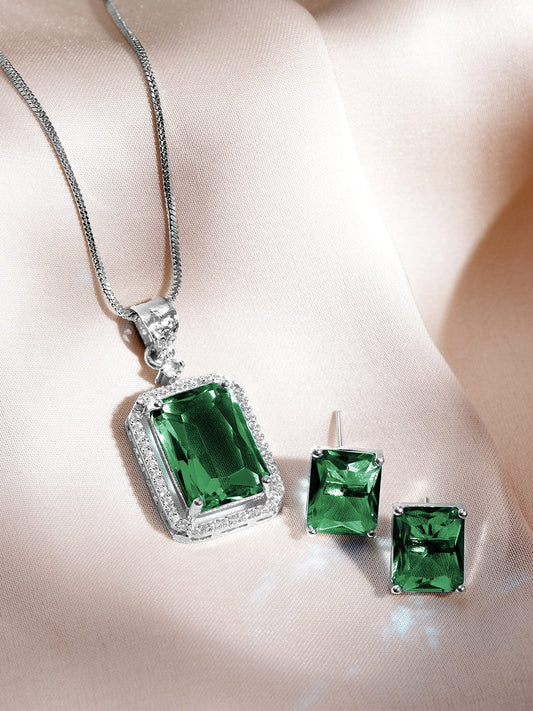 Luxurious Rhodium-Plated Emerald & CZ Studded Pendant Necklace Set
