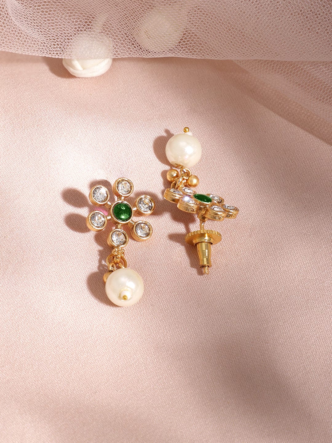 Premium 22K Gold Plated Emerald Green & Cubic Zirconia Studded Necklace Set with Gold & Pearl Beaded