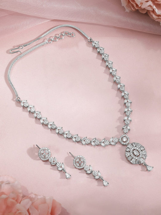Premium Rhodium Plated White Cubic Zirconia Studded Necklace Set with Floral Design