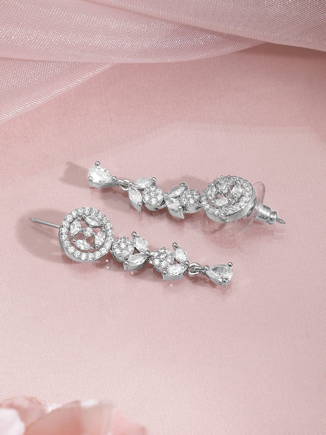 Premium Rhodium Plated White Cubic Zirconia Studded Necklace Set with Floral Design