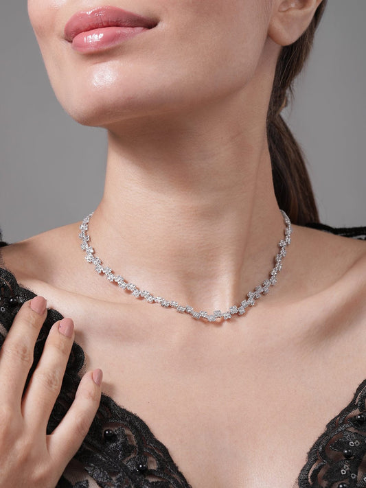 Rhodium Plated AD & Cubic Zirconia Studded Cross Link Tennis Necklace