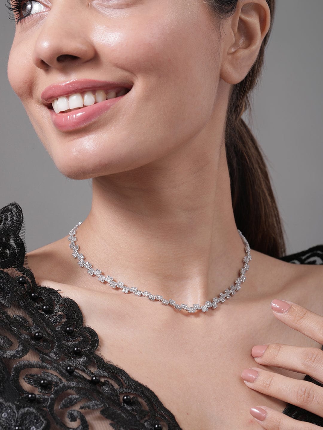 Rhodium Plated AD & Cubic Zirconia Studded Cross Link Tennis Necklace