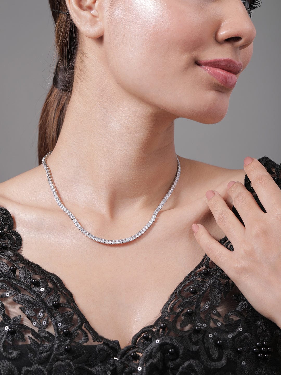 Rhodium Plated AD & Cubic Zirconia Studded Elegant Tennis Necklace