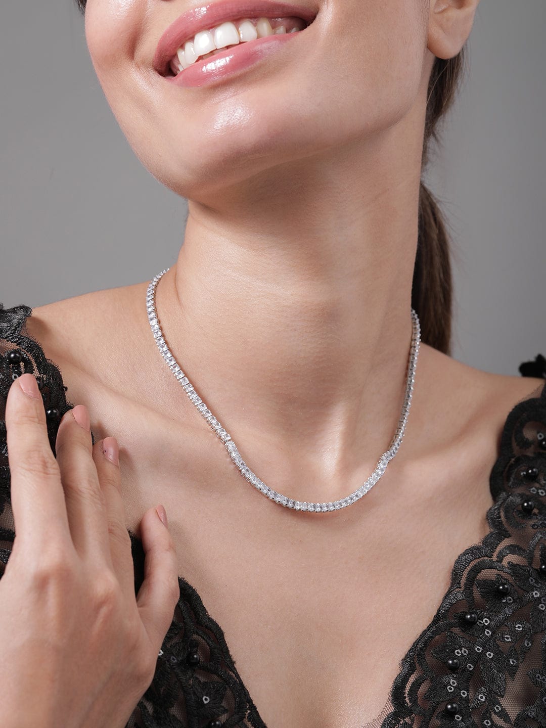 Rhodium Plated AD & Cubic Zirconia Studded Elegant Tennis Necklace
