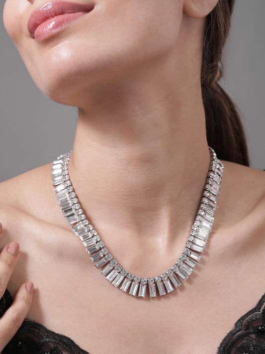 Rubans Rhodium Plated AD & Cubic Zirconia Studded Luxurious Baguette Necklace