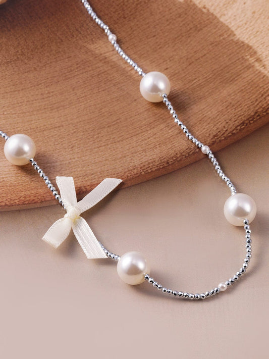 Rhodium-Plated Chain Necklace with Faux Pearls and Fabric Ribbon Bow Accent