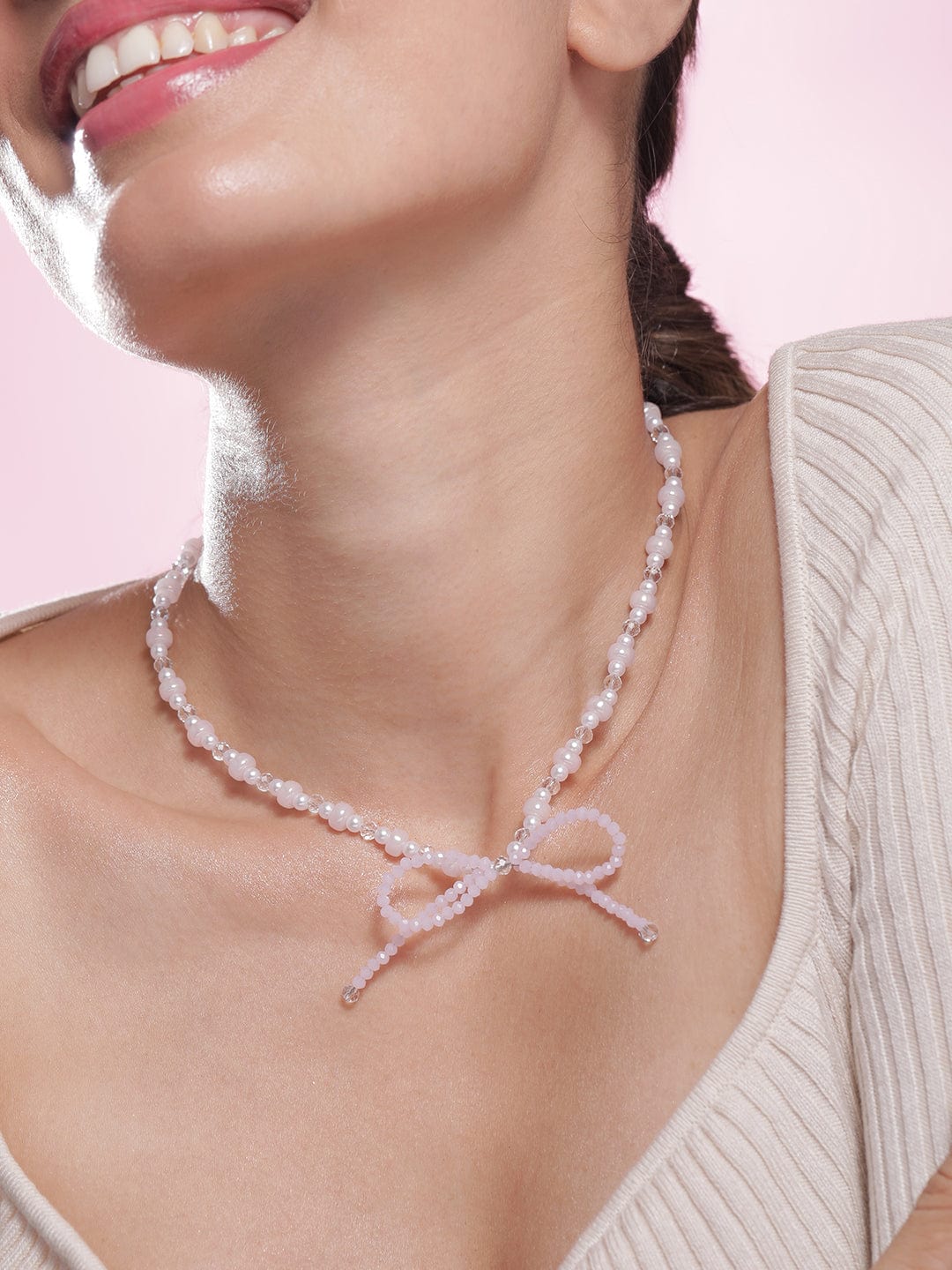 Rubans Rhodium Plated Pearl Beaded Necklace with Soft Pink Bow Charm