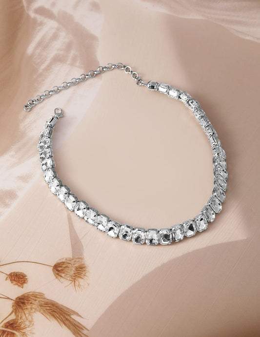 Rhodium Plated Crystal AD & Zirconia Studded Luxurious Choker Necklace