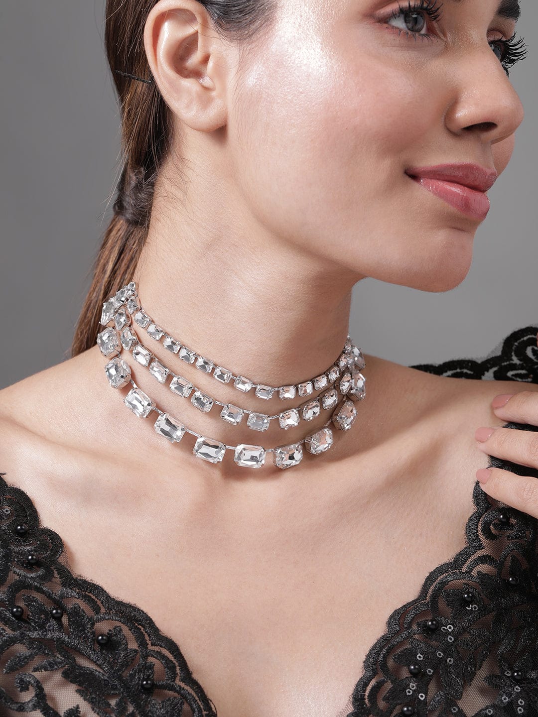 Rhodium Plated Crystal AD & Zirconia Studded Luxurious Multilayer Necklace
