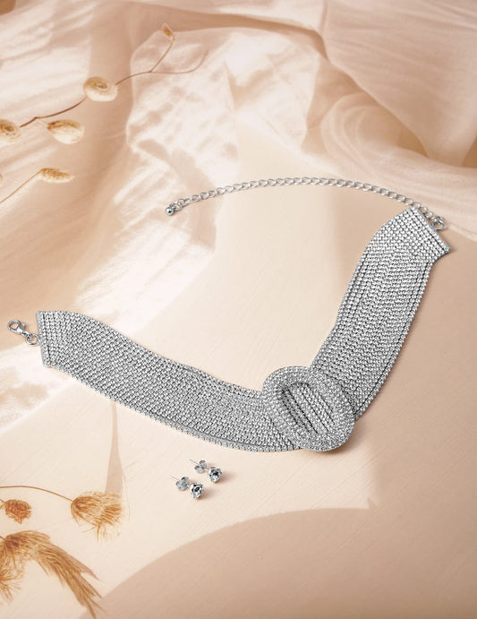 Rhodium Plated Crystal AD & Zirconia Studded Multi-Strand Statement Choker Necklace