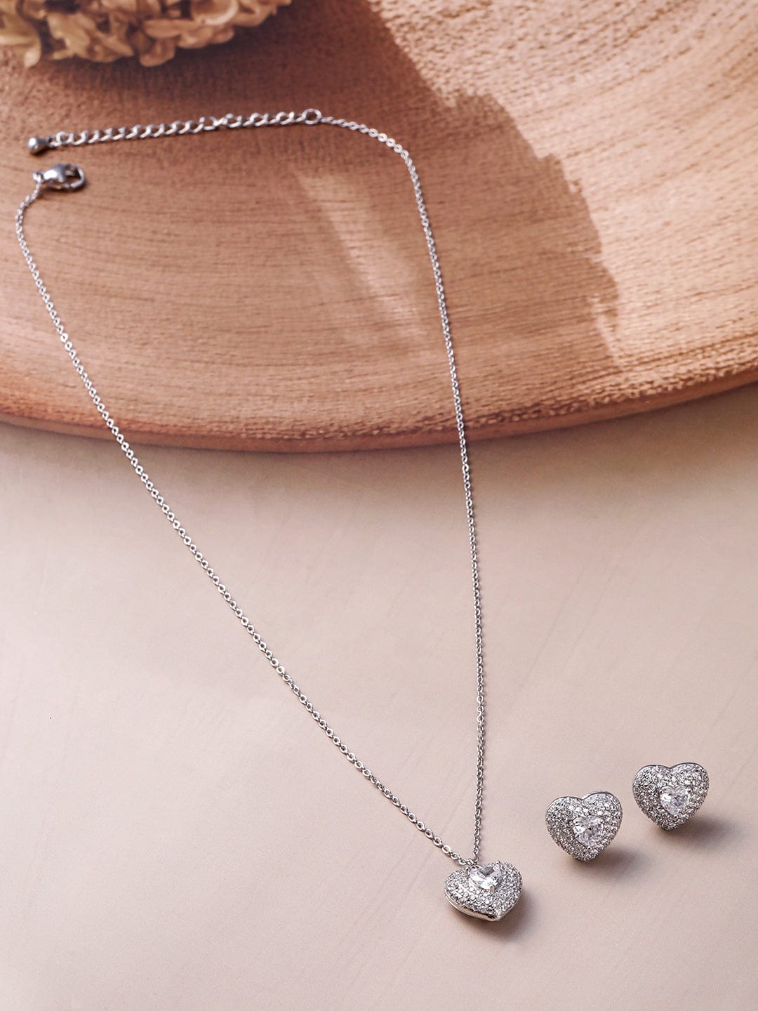Rhodium Plated CZ Studded Heart Shape Pendant Necklace Set