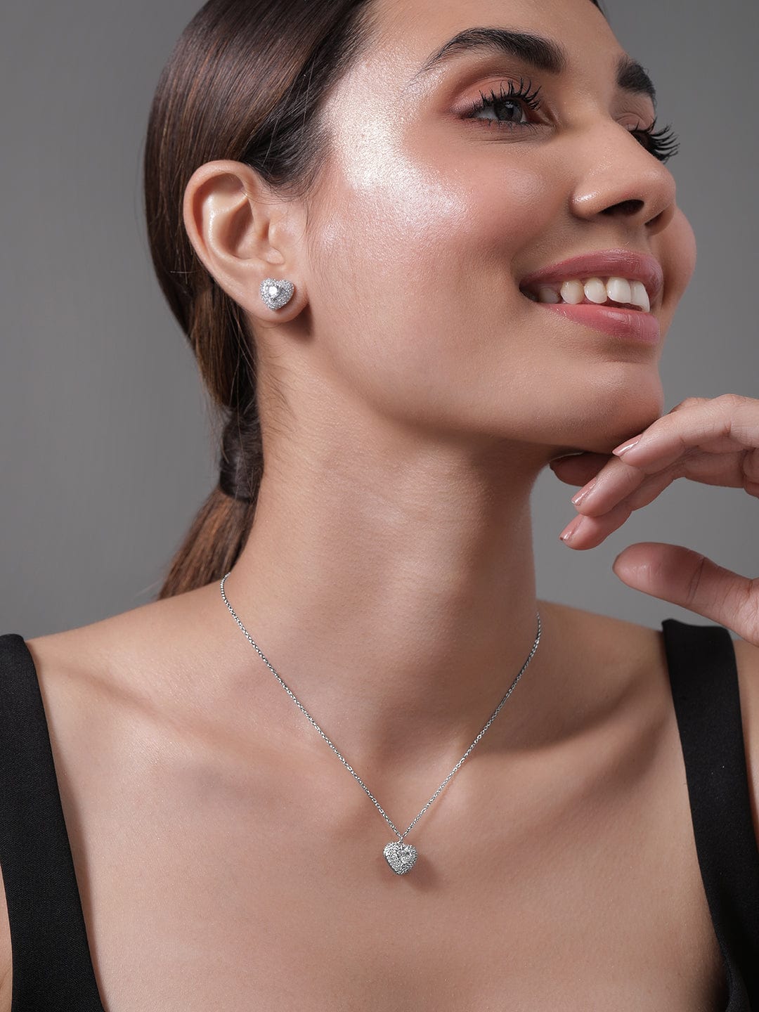 Rhodium Plated CZ Studded Heart Shape Pendant Necklace Set