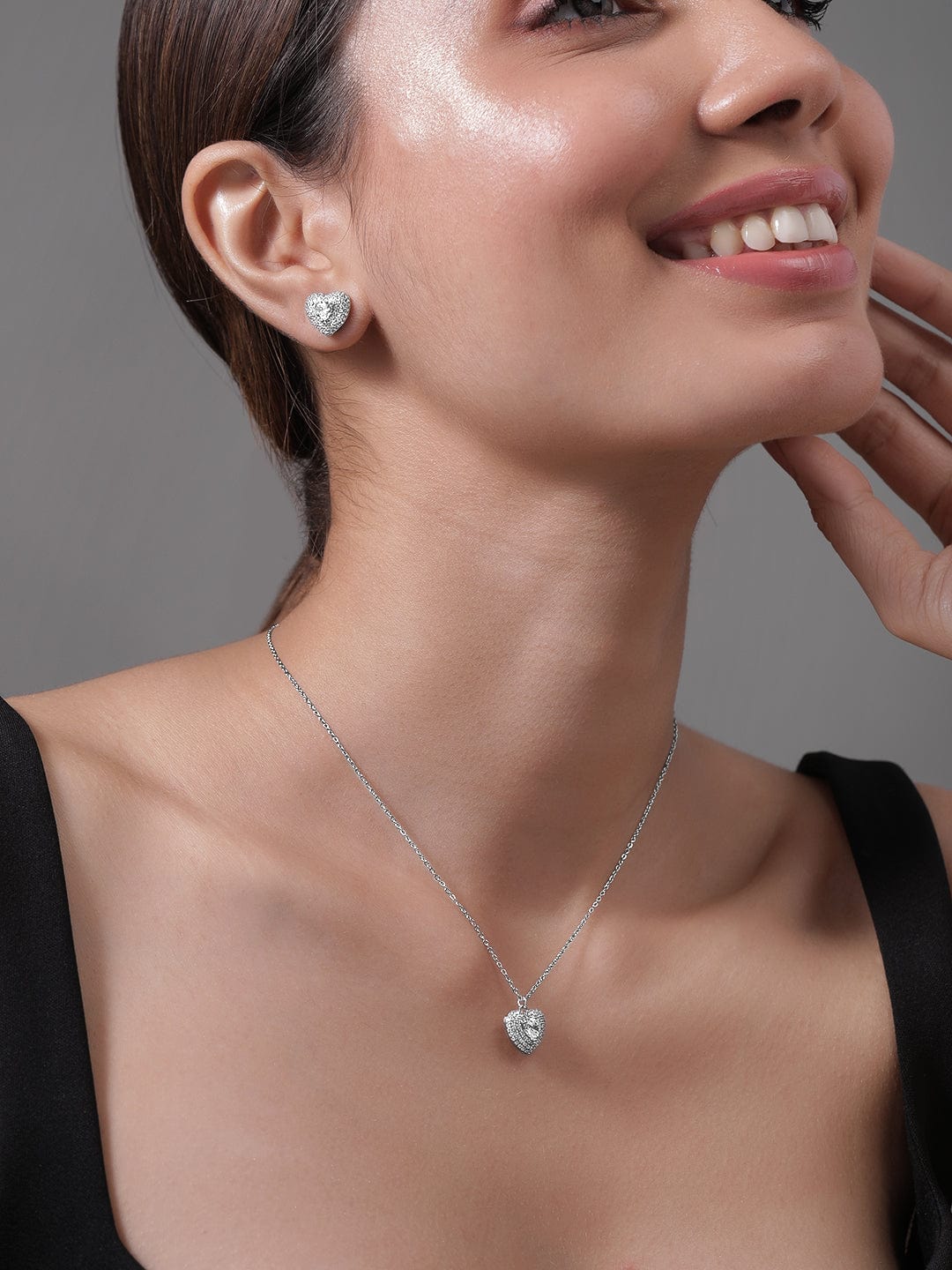 Rhodium Plated CZ Studded Heart Shape Pendant Necklace Set