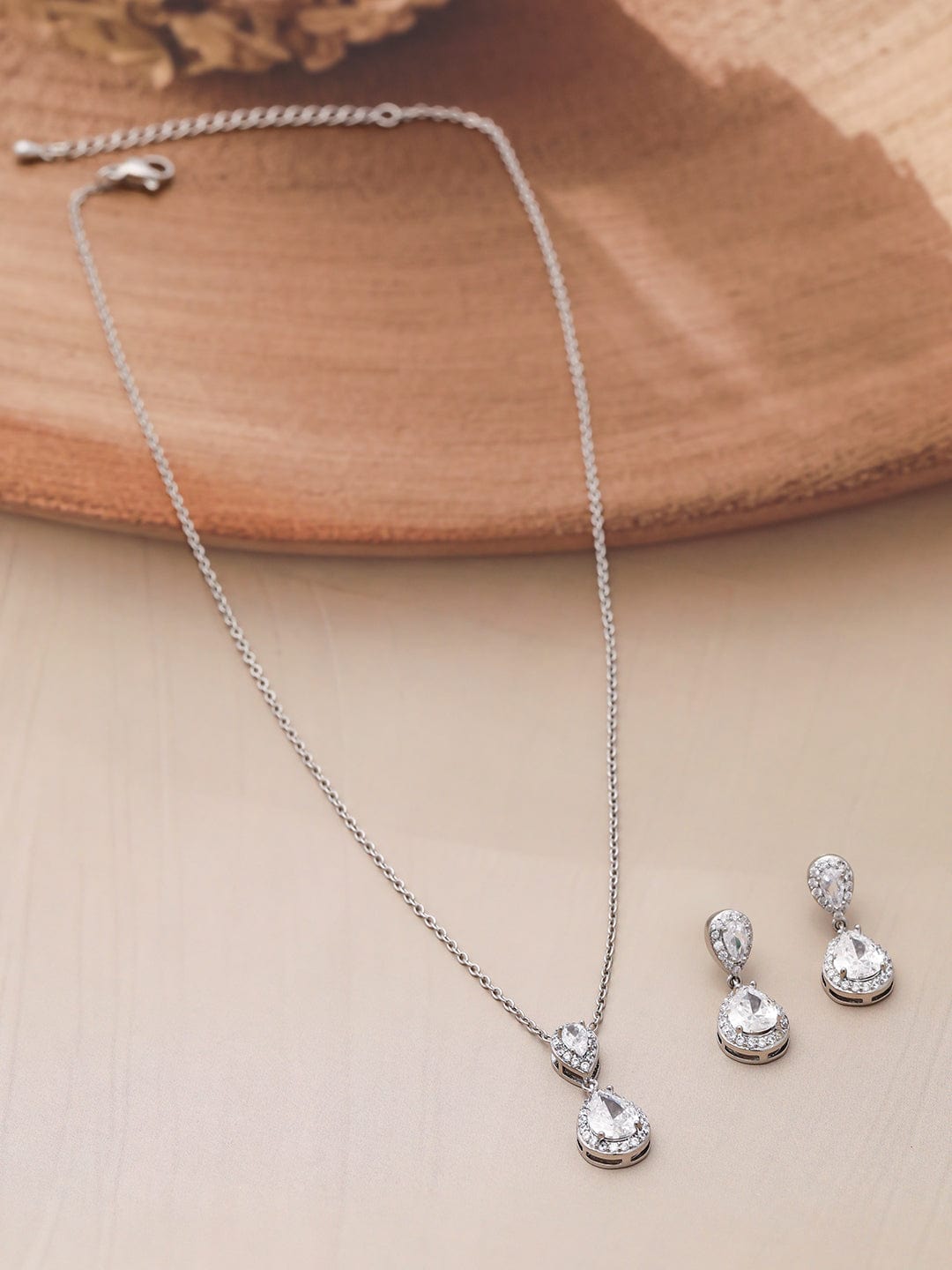 Rhodium Plated CZ Studded Teardrop Necklace Set