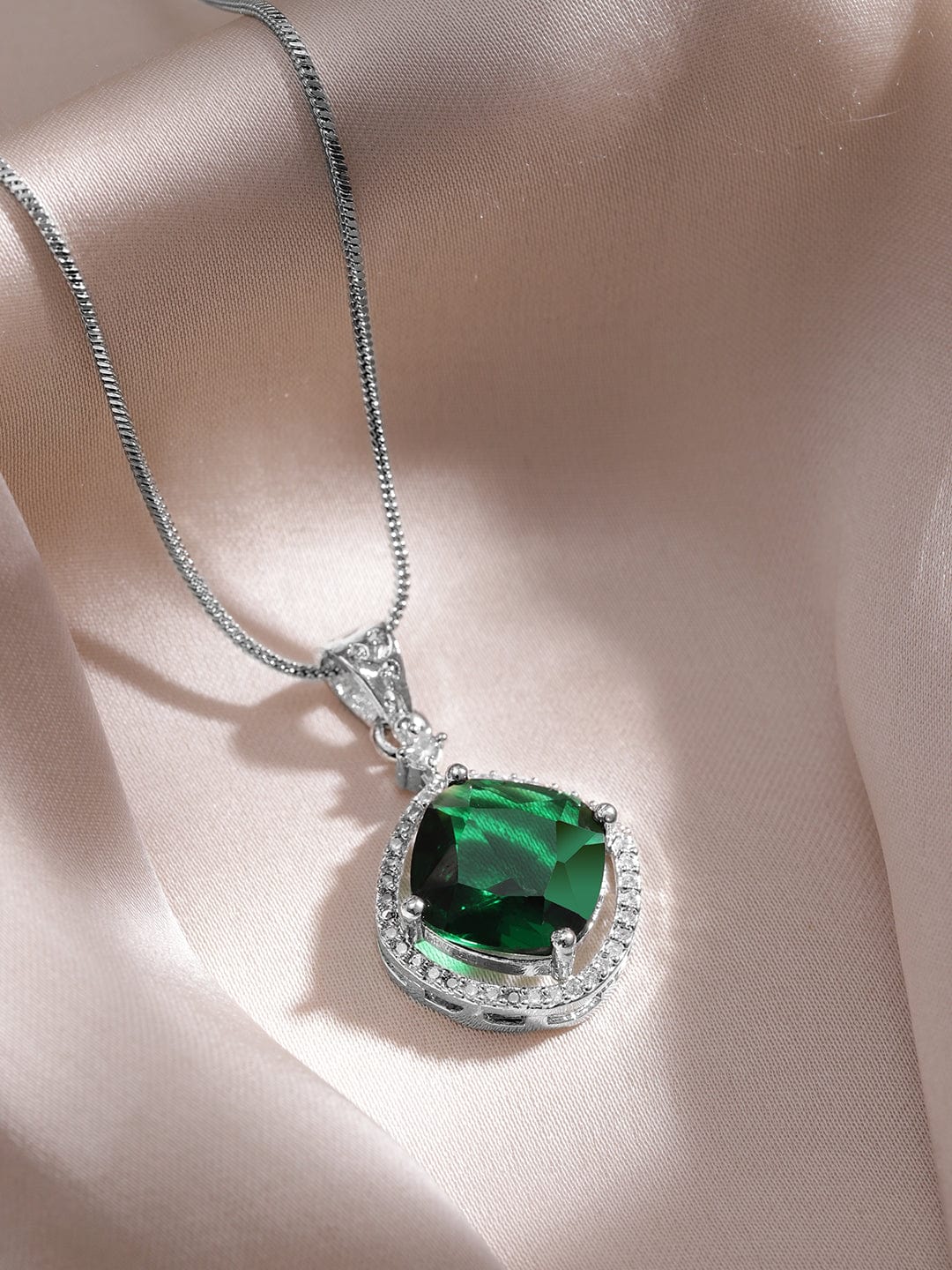 Rhodium-Plated Emerald & CZ Studded Pendant Necklace Set