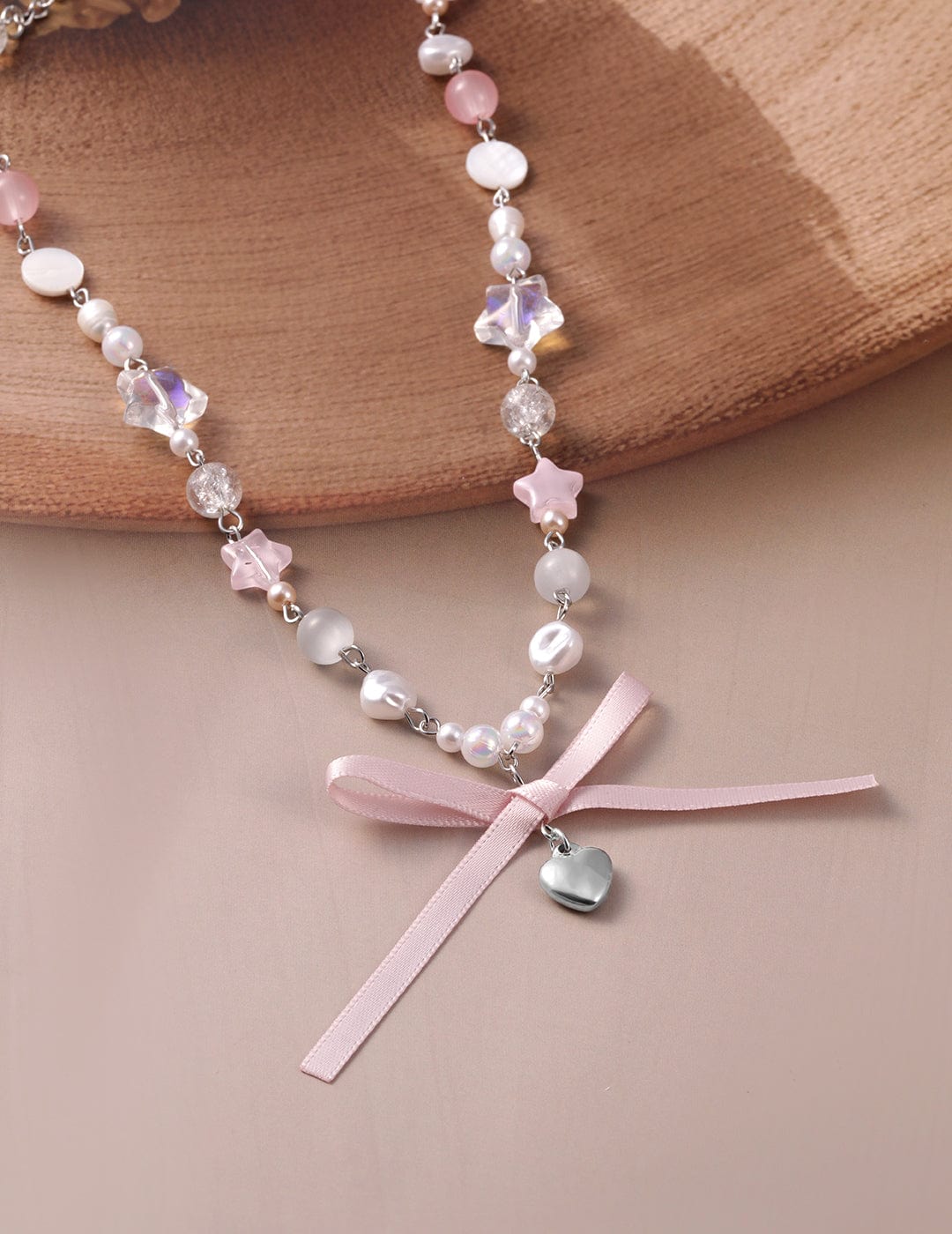 Rhodium Plated Multicolor Beaded Necklace with Heart Pendant and Pink Ribbon Bow