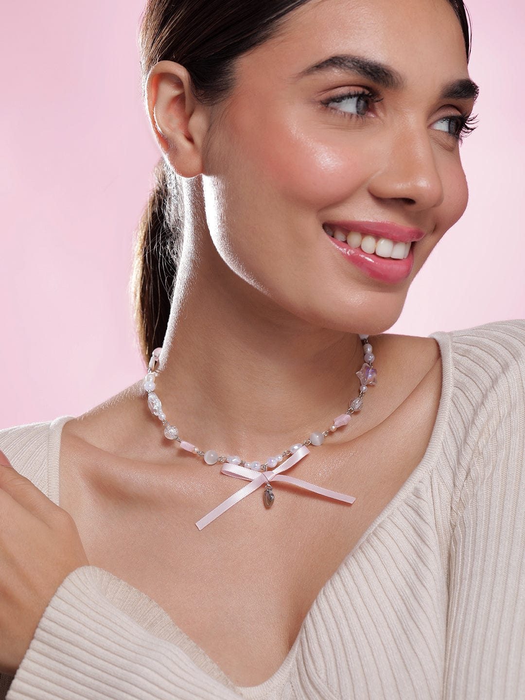 Rhodium Plated Multicolor Beaded Necklace with Heart Pendant and Pink Ribbon Bow