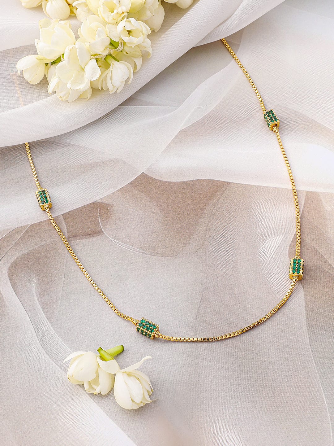 Rubans 18K Gold-Plated Emerald Green Beaded Elegant Long Gold Tone Necklace